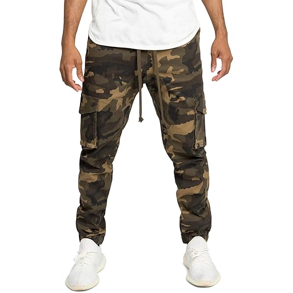A MACHINE 10×Camouflage Pants【Beige】 989Zé ENZO Mens Cargo Pants Elasticated Waist Camo Combat